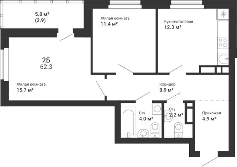 Планировка 3Е-к.кв, 62,3 м² в ЖК Южный сад